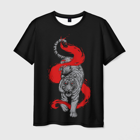 Мужская футболка 3D с принтом Крадущийся огненный тигр в Белгороде, 100% полиэфир | прямой крой, круглый вырез горловины, длина до линии бедер | Тематика изображения на принте: 