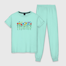 Женская пижама хлопок с принтом Цветы и бабочки в цвете в Белгороде, 100% хлопок | брюки и футболка прямого кроя, без карманов, на брюках мягкая резинка на поясе и по низу штанин | 