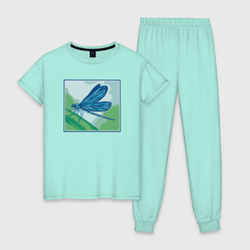 Женская пижама хлопок с принтом Blue dragonfly в Тюмени, 100% хлопок | брюки и футболка прямого кроя, без карманов, на брюках мягкая резинка на поясе и по низу штанин | 