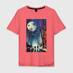 Мужская футболка хлопок Oversize с принтом Двое в лунном свете   психоделика в Курске, 100% хлопок | свободный крой, круглый ворот, “спинка” длиннее передней части | Тематика изображения на принте: 