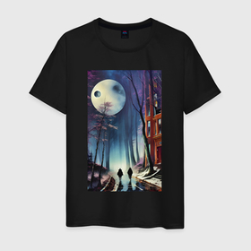 Мужская футболка хлопок с принтом Двое в лунном свете   психоделика в Белгороде, 100% хлопок | прямой крой, круглый вырез горловины, длина до линии бедер, слегка спущенное плечо. | 