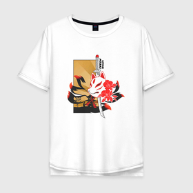 Мужская футболка хлопок Oversize с принтом Nine tailed fox, misaki kitsune. в Белгороде, 100% хлопок | свободный крой, круглый ворот, “спинка” длиннее передней части | 