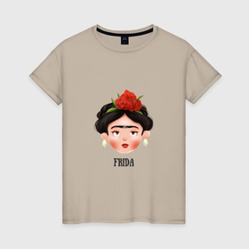 Женская футболка хлопок с принтом Фрида портрет , 100% хлопок | прямой крой, круглый вырез горловины, длина до линии бедер, слегка спущенное плечо | 