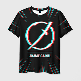 Мужская футболка 3D с принтом Символ Akame ga Kill в стиле glitch на темном фоне , 100% полиэфир | прямой крой, круглый вырез горловины, длина до линии бедер | 