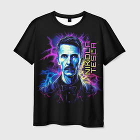 Мужская футболка 3D с принтом Никола Тесла , 100% полиэфир | прямой крой, круглый вырез горловины, длина до линии бедер | 