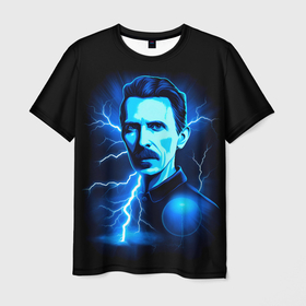 Мужская футболка 3D с принтом Nikola Tesla   flash of lightning в Курске, 100% полиэфир | прямой крой, круглый вырез горловины, длина до линии бедер | 