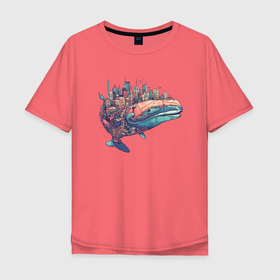 Мужская футболка хлопок Oversize с принтом Летающий кит в Петрозаводске, 100% хлопок | свободный крой, круглый ворот, “спинка” длиннее передней части | Тематика изображения на принте: 