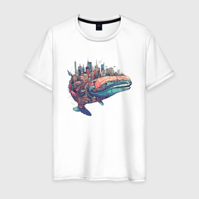 Мужская футболка хлопок с принтом Летающий кит в Екатеринбурге, 100% хлопок | прямой крой, круглый вырез горловины, длина до линии бедер, слегка спущенное плечо. | Тематика изображения на принте: 