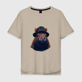 Мужская футболка хлопок Oversize с принтом Портрет капибары в шляпе в Петрозаводске, 100% хлопок | свободный крой, круглый ворот, “спинка” длиннее передней части | 