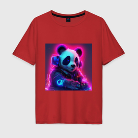 Мужская футболка хлопок Oversize с принтом Диджей панда в свете неона в Белгороде, 100% хлопок | свободный крой, круглый ворот, “спинка” длиннее передней части | Тематика изображения на принте: 