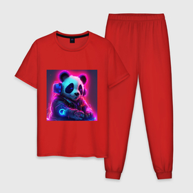 Мужская пижама хлопок с принтом Диджей панда в свете неона в Петрозаводске, 100% хлопок | брюки и футболка прямого кроя, без карманов, на брюках мягкая резинка на поясе и по низу штанин
 | 