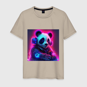 Мужская футболка хлопок с принтом Диджей панда в свете неона в Новосибирске, 100% хлопок | прямой крой, круглый вырез горловины, длина до линии бедер, слегка спущенное плечо. | 