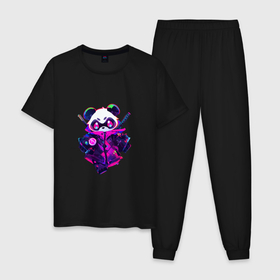 Мужская пижама хлопок с принтом Аниме панда в неоновых красках , 100% хлопок | брюки и футболка прямого кроя, без карманов, на брюках мягкая резинка на поясе и по низу штанин
 | 