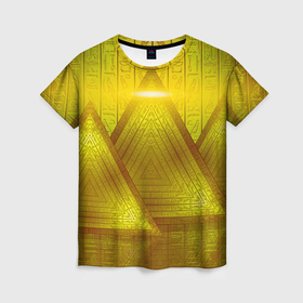 Женская футболка 3D с принтом Золотые пирамиды и треугольники в Новосибирске, 100% полиэфир ( синтетическое хлопкоподобное полотно) | прямой крой, круглый вырез горловины, длина до линии бедер | 