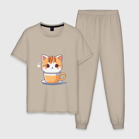 Мужская пижама хлопок с принтом коты это жидкость, в чашке кофе в Петрозаводске, 100% хлопок | брюки и футболка прямого кроя, без карманов, на брюках мягкая резинка на поясе и по низу штанин
 | 