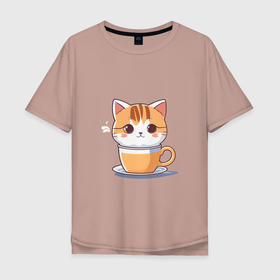 Мужская футболка хлопок Oversize с принтом коты это жидкость, в чашке кофе в Петрозаводске, 100% хлопок | свободный крой, круглый ворот, “спинка” длиннее передней части | 