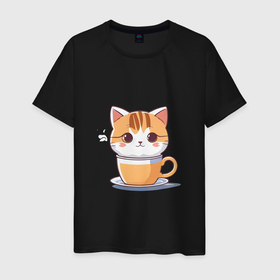 Мужская футболка хлопок с принтом коты это жидкость, в чашке кофе в Новосибирске, 100% хлопок | прямой крой, круглый вырез горловины, длина до линии бедер, слегка спущенное плечо. | 