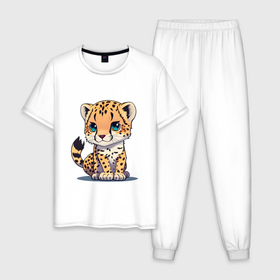 Мужская пижама хлопок с принтом милый малыш гепард в Кировске, 100% хлопок | брюки и футболка прямого кроя, без карманов, на брюках мягкая резинка на поясе и по низу штанин
 | 