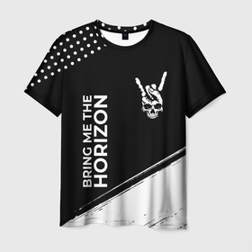Мужская футболка 3D с принтом Bring Me the Horizon и рок символ на темном фоне в Кировске, 100% полиэфир | прямой крой, круглый вырез горловины, длина до линии бедер | Тематика изображения на принте: 