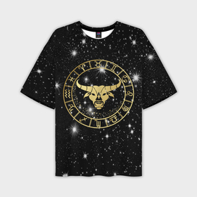 Мужская футболка oversize 3D с принтом Телец золотой на звездном небе в Санкт-Петербурге,  |  | 