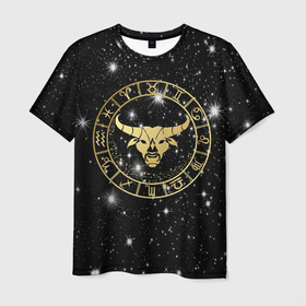 Мужская футболка 3D с принтом Телец золотой на звездном небе в Белгороде, 100% полиэфир | прямой крой, круглый вырез горловины, длина до линии бедер | 