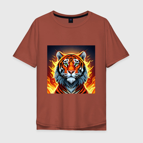 Мужская футболка хлопок Oversize с принтом Огненный тигр , 100% хлопок | свободный крой, круглый ворот, “спинка” длиннее передней части | 