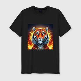 Мужская футболка хлопок Slim с принтом Огненный тигр , 92% хлопок, 8% лайкра | приталенный силуэт, круглый вырез ворота, длина до линии бедра, короткий рукав | 