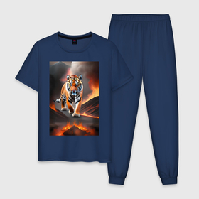 Мужская пижама хлопок с принтом Тигр идущей по горящей лаве в Новосибирске, 100% хлопок | брюки и футболка прямого кроя, без карманов, на брюках мягкая резинка на поясе и по низу штанин
 | Тематика изображения на принте: 