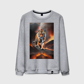 Мужской свитшот хлопок с принтом Тигр идущей по горящей лаве , 100% хлопок |  | 