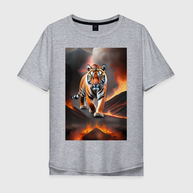 Мужская футболка хлопок Oversize с принтом Тигр идущей по горящей лаве в Тюмени, 100% хлопок | свободный крой, круглый ворот, “спинка” длиннее передней части | 