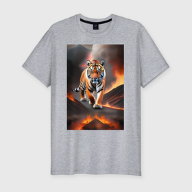 Мужская футболка хлопок Slim с принтом Тигр идущей по горящей лаве в Новосибирске, 92% хлопок, 8% лайкра | приталенный силуэт, круглый вырез ворота, длина до линии бедра, короткий рукав | Тематика изображения на принте: 