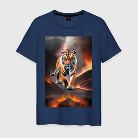 Мужская футболка хлопок с принтом Тигр идущей по горящей лаве в Новосибирске, 100% хлопок | прямой крой, круглый вырез горловины, длина до линии бедер, слегка спущенное плечо. | Тематика изображения на принте: 
