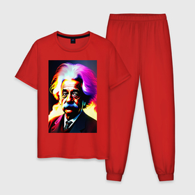 Мужская пижама хлопок с принтом Великий Альберт Эйнштейн в Кировске, 100% хлопок | брюки и футболка прямого кроя, без карманов, на брюках мягкая резинка на поясе и по низу штанин
 | 