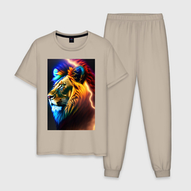 Мужская пижама хлопок с принтом Космическая голова льва в Санкт-Петербурге, 100% хлопок | брюки и футболка прямого кроя, без карманов, на брюках мягкая резинка на поясе и по низу штанин
 | Тематика изображения на принте: 