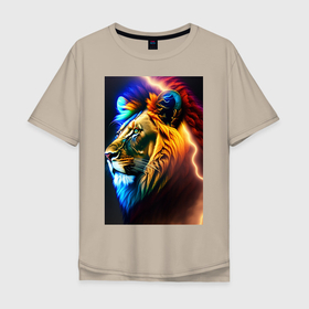 Мужская футболка хлопок Oversize с принтом Космическая голова льва в Санкт-Петербурге, 100% хлопок | свободный крой, круглый ворот, “спинка” длиннее передней части | Тематика изображения на принте: 