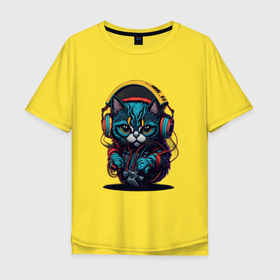 Мужская футболка хлопок Oversize с принтом Dj кот в Санкт-Петербурге, 100% хлопок | свободный крой, круглый ворот, “спинка” длиннее передней части | 