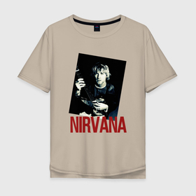 Мужская футболка хлопок Oversize с принтом Курт Кобейн группа NIRVANA в Курске, 100% хлопок | свободный крой, круглый ворот, “спинка” длиннее передней части | Тематика изображения на принте: 