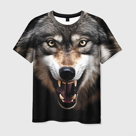 Мужская футболка 3D с принтом Агрессивный рычащий волк в Санкт-Петербурге, 100% полиэфир | прямой крой, круглый вырез горловины, длина до линии бедер | 