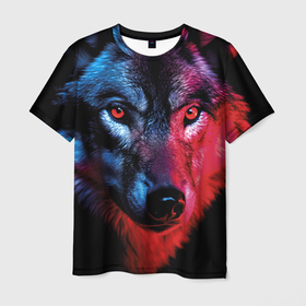 Мужская футболка 3D с принтом Спокойный волк с красными глазами в Кировске, 100% полиэфир | прямой крой, круглый вырез горловины, длина до линии бедер | 