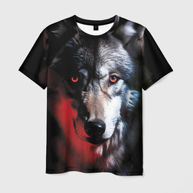 Мужская футболка 3D с принтом Волк с красным глазом в Кировске, 100% полиэфир | прямой крой, круглый вырез горловины, длина до линии бедер | 