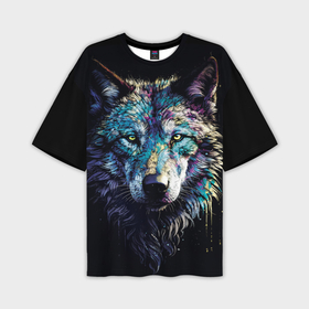 Мужская футболка oversize 3D с принтом Разноцветный волк в Екатеринбурге,  |  | Тематика изображения на принте: 