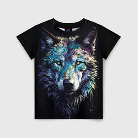 Детская футболка 3D с принтом Разноцветный волк , 100% гипоаллергенный полиэфир | прямой крой, круглый вырез горловины, длина до линии бедер, чуть спущенное плечо, ткань немного тянется | 