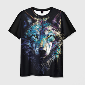 Мужская футболка 3D с принтом Разноцветный волк в Екатеринбурге, 100% полиэфир | прямой крой, круглый вырез горловины, длина до линии бедер | Тематика изображения на принте: 