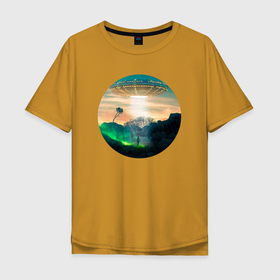 Мужская футболка хлопок Oversize с принтом НЛО на горе в Санкт-Петербурге, 100% хлопок | свободный крой, круглый ворот, “спинка” длиннее передней части | Тематика изображения на принте: 