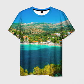 Мужская футболка 3D с принтом Светлое озеро, городишко и холмы , 100% полиэфир | прямой крой, круглый вырез горловины, длина до линии бедер | 