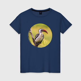 Женская футболка хлопок с принтом Птица носорог в Петрозаводске, 100% хлопок | прямой крой, круглый вырез горловины, длина до линии бедер, слегка спущенное плечо | 