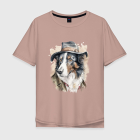 Мужская футболка хлопок Oversize с принтом Австралийская овчарка акварель в Белгороде, 100% хлопок | свободный крой, круглый ворот, “спинка” длиннее передней части | 
