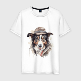 Мужская футболка хлопок с принтом Австралийская овчарка акварель в Тюмени, 100% хлопок | прямой крой, круглый вырез горловины, длина до линии бедер, слегка спущенное плечо. | 