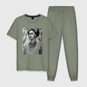 Мужская пижама хлопок с принтом Принт Фриды Кало в Екатеринбурге, 100% хлопок | брюки и футболка прямого кроя, без карманов, на брюках мягкая резинка на поясе и по низу штанин
 | 