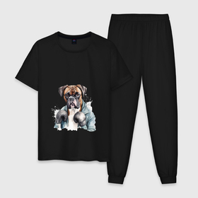 Мужская пижама хлопок с принтом Собака боксер арт в Тюмени, 100% хлопок | брюки и футболка прямого кроя, без карманов, на брюках мягкая резинка на поясе и по низу штанин
 | 